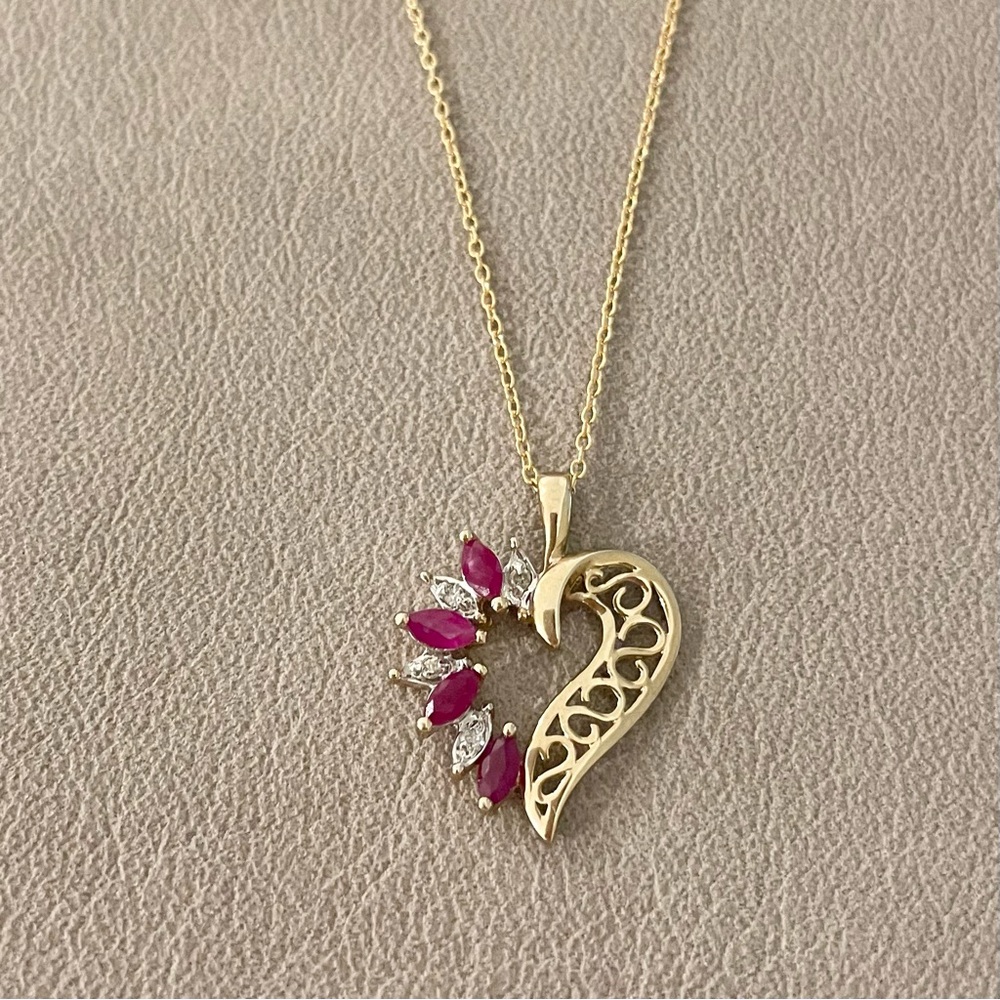Vintage 10k gold heart pendant with ruby and diamonds